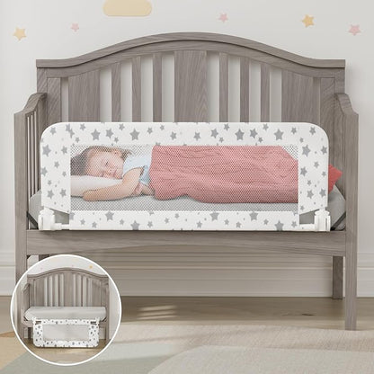 NUTIKAS Crib Rail Guard for Toddlers - 35.3" Toddler Bed Rails Convertible Safety Side Protector Swing Down Mesh Breathable Bed Barriers White Anchor Safety with Reinforced