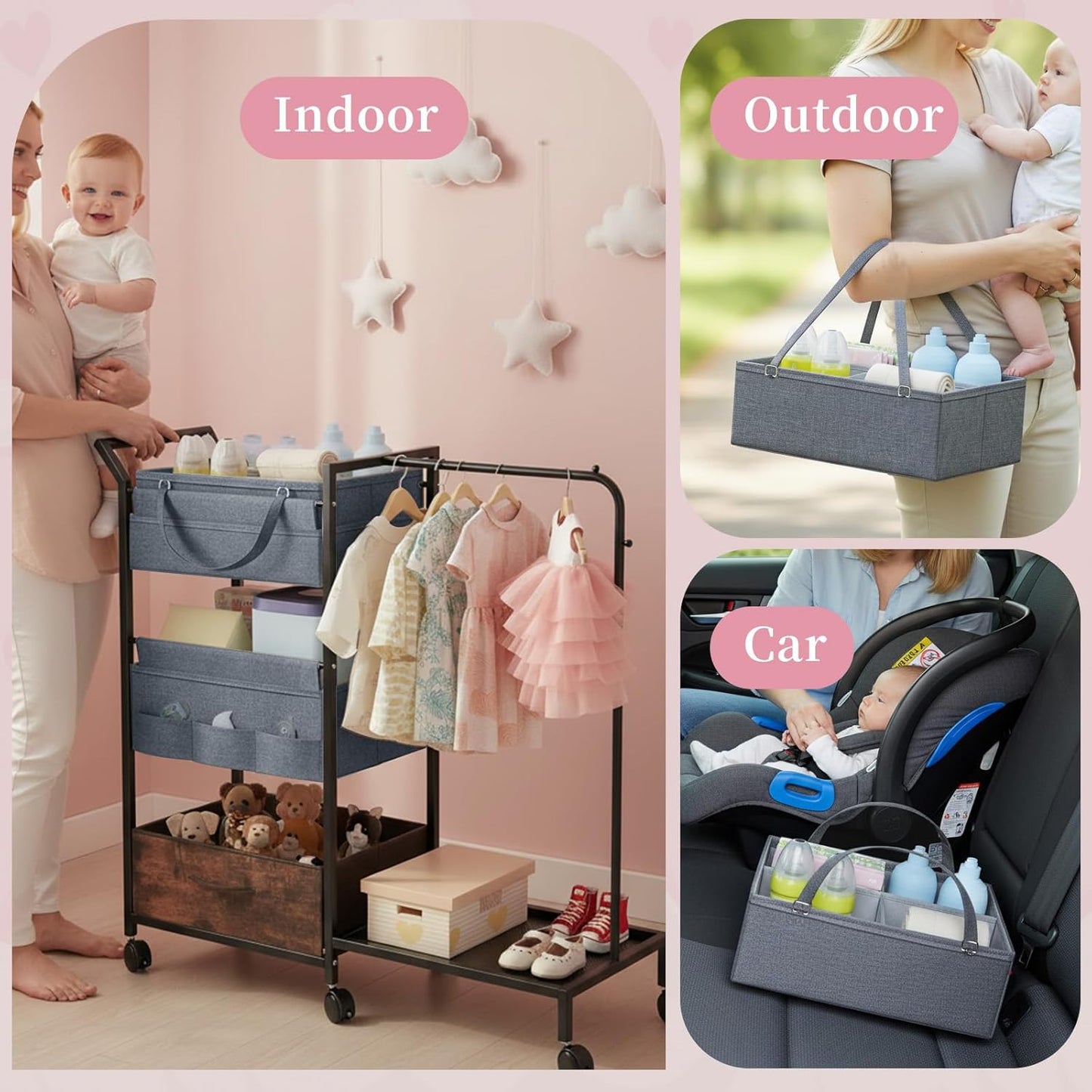 Baby Diaper Caddy Organizer - 3 Tier Rolling Cart with Kids Clothing Rack, Mobile Utility Cart with Dividers and Drawers, Large Capacity Storage Cart for Bedroom, Bathroom, Carts with Wheels