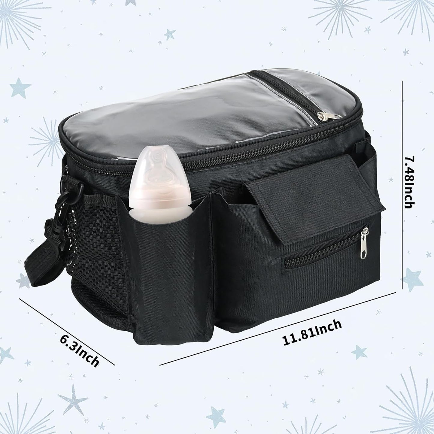 Stroller Organizer with Insulated Cup Holders - Universal Stroller Caddy Bag Fits for Uppababy, Baby Jogger, Nuna - Detachable Shoulder Strap & Large Storage for Diapers, Wipes (Black)
