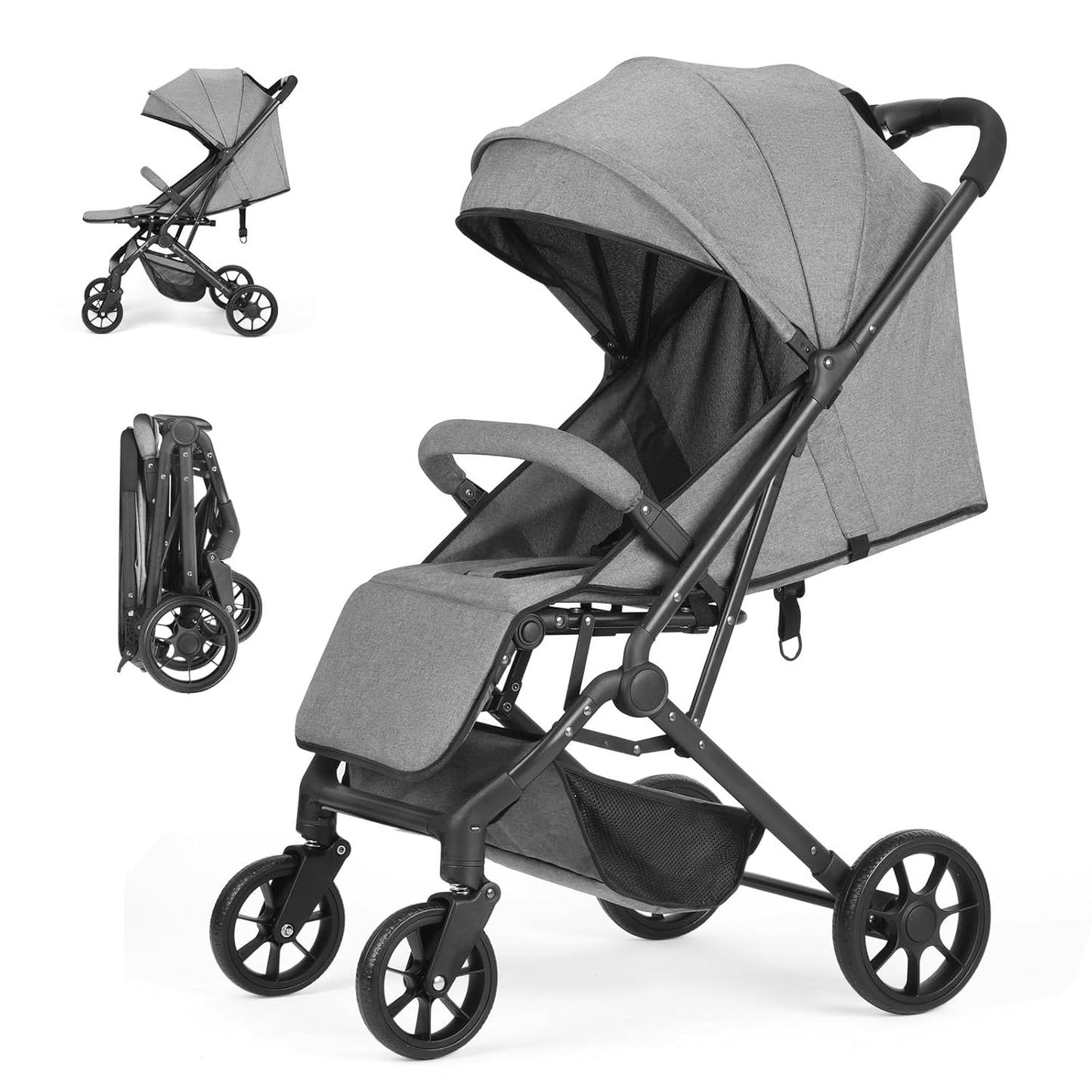 Compact Baby Stroller, Travel Toddler Seat Pushchair with Shock Absorbing Wheels, Foldable Infant Stroller with Canopy, One Button Brake, Convertible Infant Stroller for Toddler (Dark Grey)