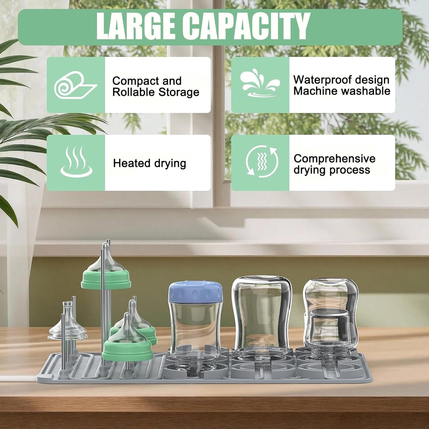 Baby Bottle Drying Rack, Electric Bottles Rack Dryer with Heating & Timer, Fast Dry Silicone Bottle Storage Organizer, Space Saving Kitchen Bottle Rack Dryer for Bottles and Pacifiers