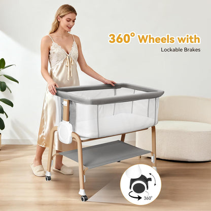 Bassinet Bedside Sleeper, Bedside Bassinet for Newborn, Baby Bassinet with 5 Adjustable Height, Rocking Bassinet with Wheels, Breathable Mesh & Mattress, Easy Folding Portable Bedside Crib（Dark Gray)