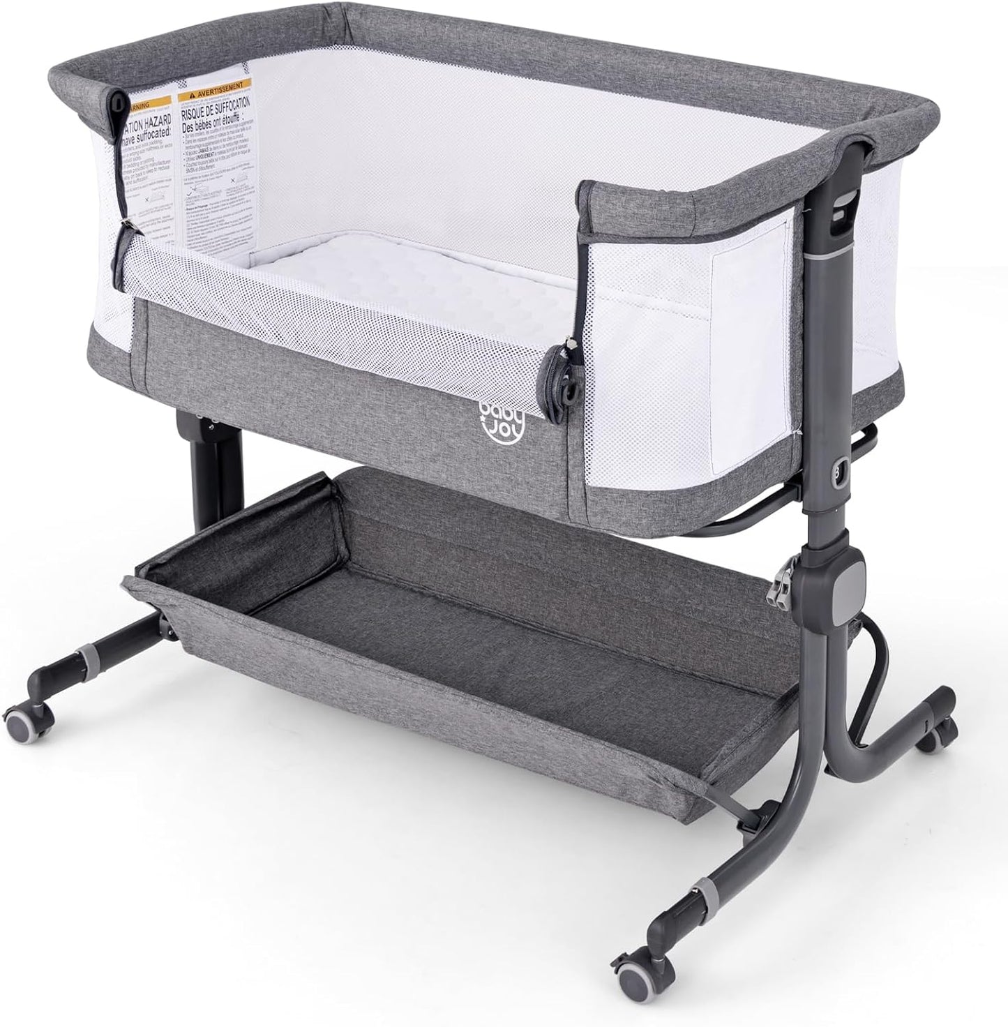 BABY JOY Bassinet, Bedside Crib w/ 6-Level Adjustable Height, Storage Shelf, Wheels, Mattress & Carry Bag for Safe Co-Sleeping, Folding Bassinet Bedside Sleeper for Newborn Infants (Gray)