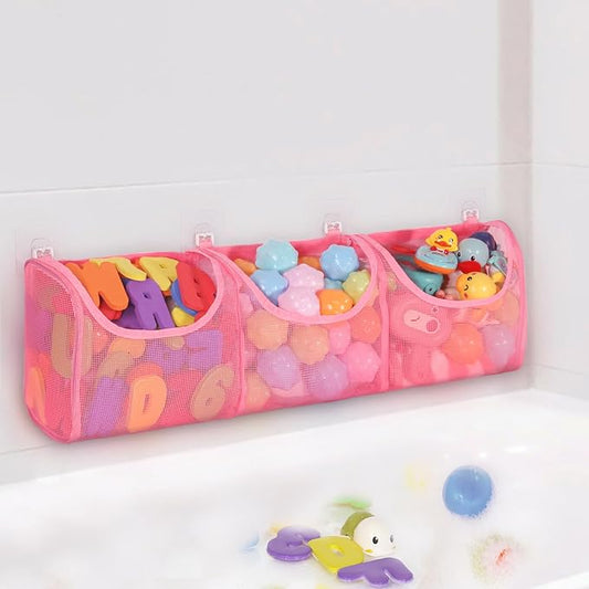 Bath Toy Storage, Large Capacity Bath Toy Holder, Opening 3 Compartments Bathtub Toy Storage, Quick Dry Bath Toy Organizer, Mesh Shower Caddy for Easy Access & Sorting Toys - Pink