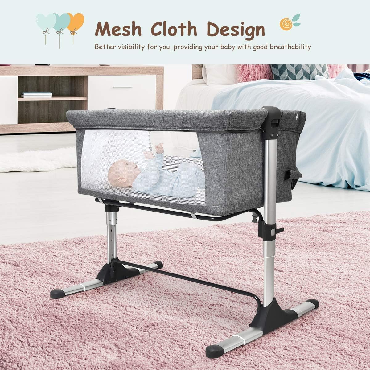 BABY JOY Baby Bedside Crib, Portable Travel Sleeper Bed Side Bassinet w/Carrying Bag, Newborn Bassinet to Infant, Kids Crib with Detachable Mattress, Height Adjustable Design, Breathable Mesh, Grey