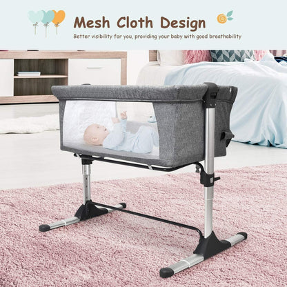 BABY JOY Baby Bedside Crib, Portable Travel Sleeper Bed Side Bassinet w/Carrying Bag, Newborn Bassinet to Infant, Kids Crib with Detachable Mattress, Height Adjustable Design, Breathable Mesh, Grey