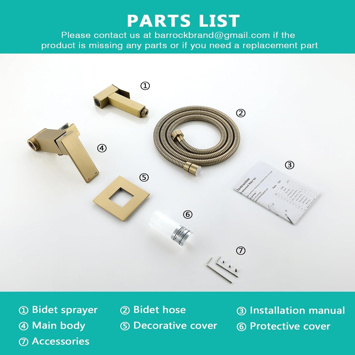 BARROCK Warm Water Bidet Sprayer Faucet for Toilet with Hot and Cold Brass Rough-in Valve, Stainless Steel Square Handheld Bidet Attachment Set For Feminine, Pets and Baby Diaper Washing, Brushed Gold