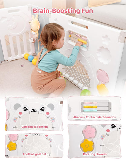Baby Playpen, Dripex Baby Playard for Babies and Toddlers, 14-Panel Foldable Playpen Adjustable Portable Play Area, Indoor/Outdoor Kids Active Center with Game Panel & Safety Gate, Grey White