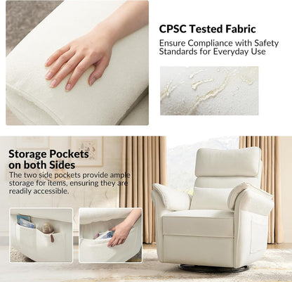 HULALA HOME Nursery Glider Recliner with Adjustable Headrest and Armrests, Power Swivel Rocker Recliner Chair with USB Port and Storage Bags, GREENGARD, FSC, CertiPUR-US® Certified, Beige