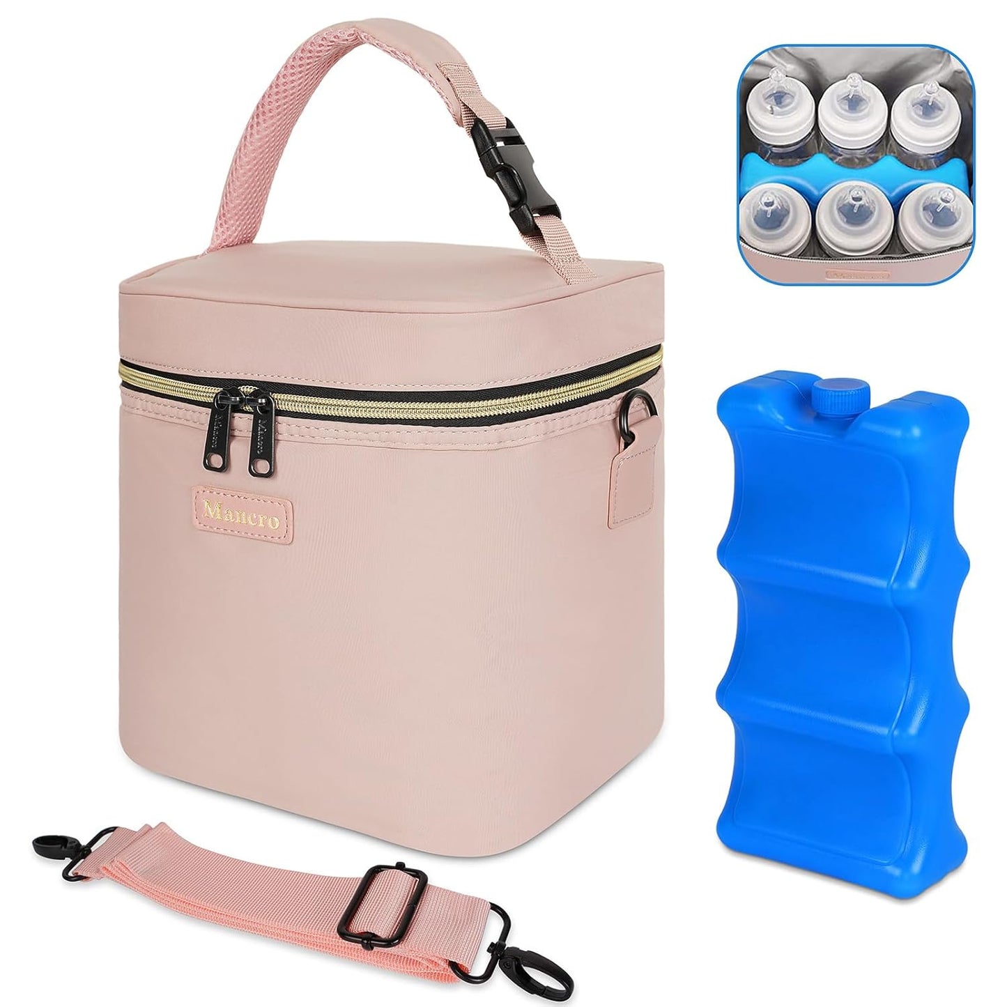 Mancro Breastmilk Cooler Bag with Ice Pack, Fits 6 Baby Bottles Up to 9 Ounce Insulated Baby Bottle Bag, Breast Milk Cooler on The go with Strap, Bottle Storage Bag for Nursing Mom Daycare, Black