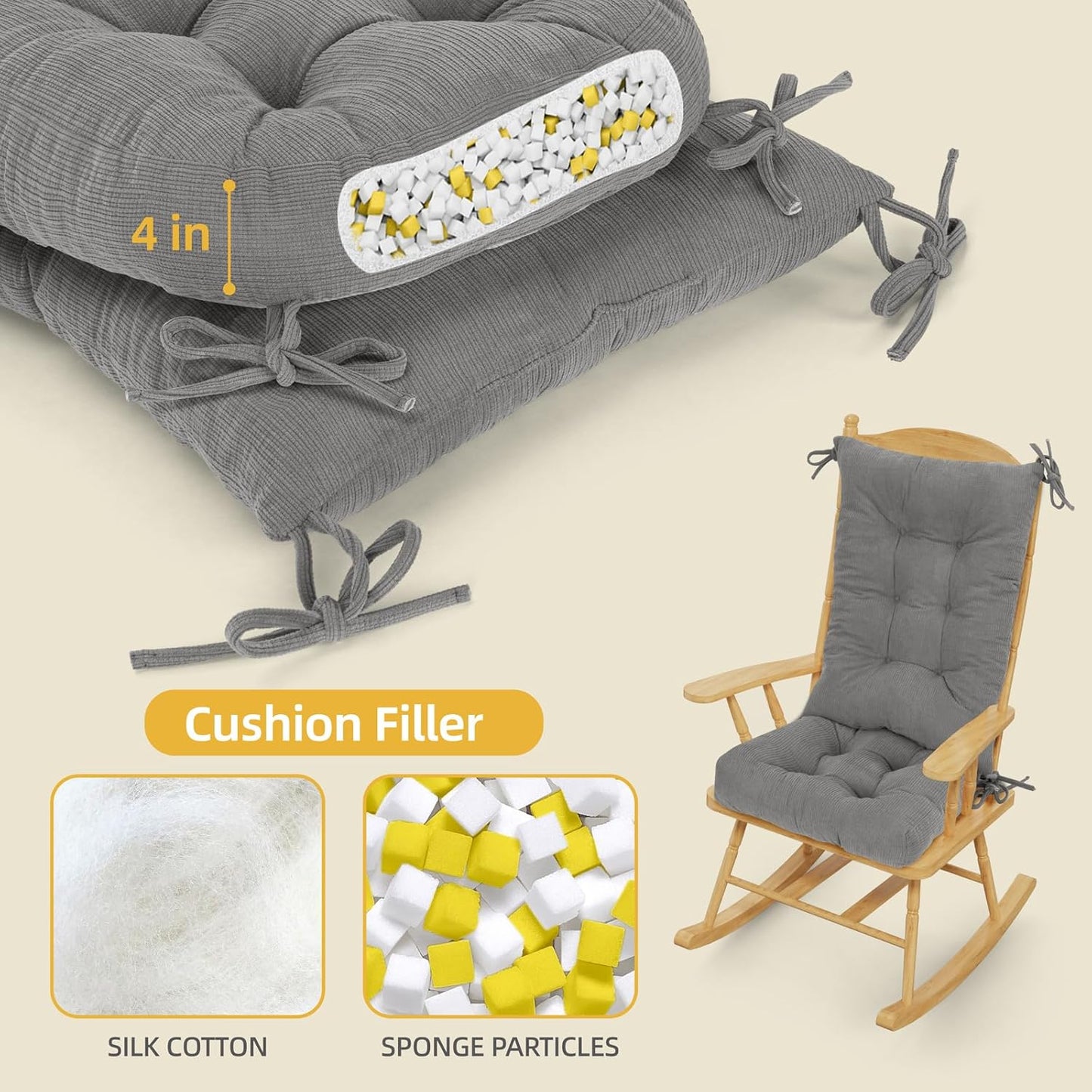 Millsilo Rocking Chair Cushions 3-Piece Set with Neck Pillow, Indoor Rocker Comfortable Tufted Non-Slip Pads with Ties, High-Density Foam Cushion for Adirondack Glider Chair, Orange, 52 x 19 x 4 Inch