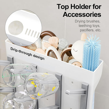 GoMaihe Baby Bottle Drying Rack: Space Saving Vertical Bottle Dryer Holder - Newborn Accessories Storage Stand Organize Brushes Pacifiers on Countertop - BPA-Free - Gray