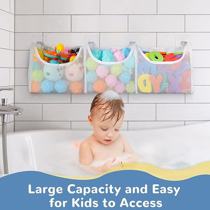 Bath Toy Storage, Large Capacity 3 Compartments Bathtub Toy Storage, Opening Bath Tub Toy Holder Organizer, Mesh Shower Caddy for Kids Baby Bathroom Toy