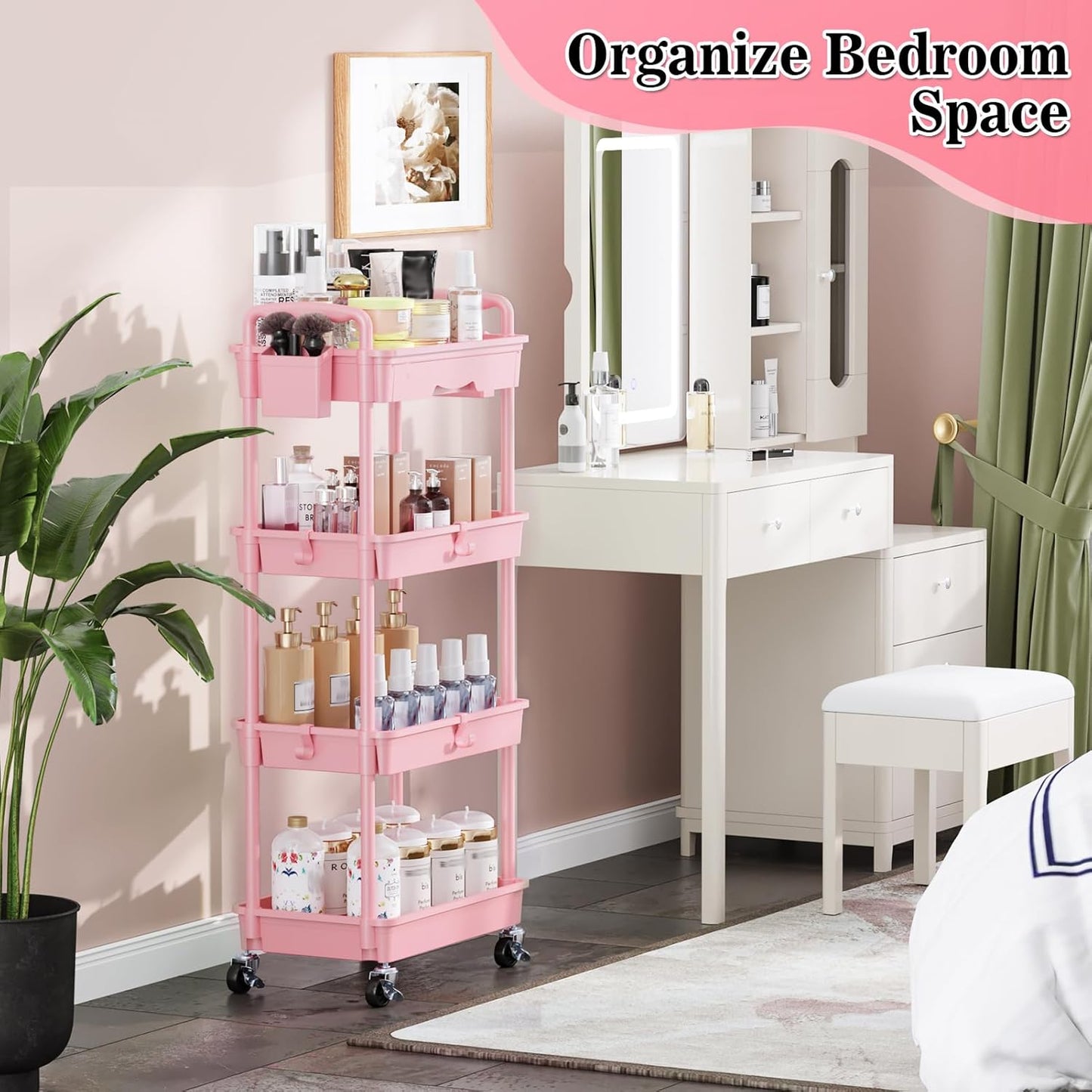 SUNALLY 3 Tier Rolling Cart with Drawer, Bathroom Storage Organizer with 2 Lockable Wheels, Multifunctional Rolling Storage Cart for Bathroom, Kitchen, Office, Craft, Makeup, Baby Essentials, White