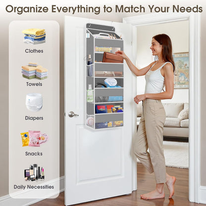 SpaceHacks 1 Pack Over The Door Organizer, Hanging Storage Organizer with Clear Window, 40lb Ultra Sturdy Large Capacity Room Organizer for Pantry Laundry Bathroom Nursery Closet Baby Essential (Grey)