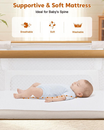 3 in 1 Baby Bassinet, Rocking Bassinet, Bedside Sleeper for Baby, Breathable Full-Mesh, 6 Height Adjustable, Comfy Mattress, Lockable Wheels, Storage Basket, Stable and Cozy Crib for Newborn Infant
