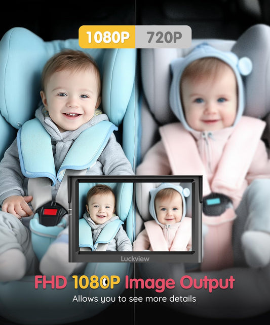 LUCKVIEW BM1 Baby Car Camera for Back Seat & Pet Monitoring, 5'' 1080P Monitor with IR Night Vision, 3X Zoom, Crystal Clear View, Easy 5-Min Wired Installation for Peace of Mind