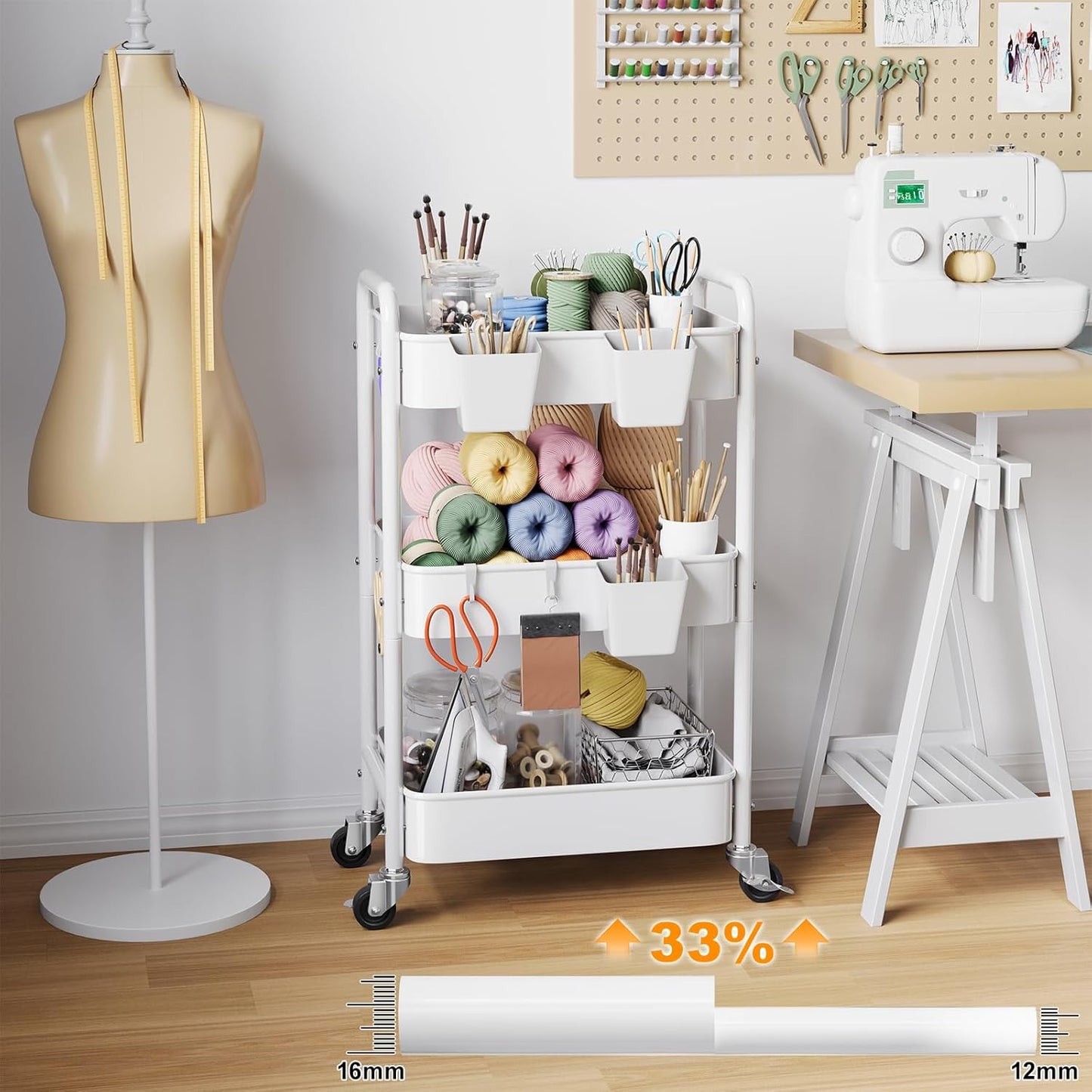 3 Tier Rolling Cart Metal with Lockable Wheels, Pink Three Tiered Diaper Caddy Cart Organizer on Wheels, Storage Utility Trolley Carts for Craft, Art, Nail, Lash, Baby Supplies, Cleaning, Mesh