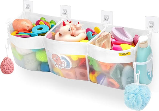 Bath Toy Organizer 3 Compartment Bath Toy Storage Bag Shower Caddy Quick Access Bathtub Toys Holder Baby Shower Games Tub Quick Dry Baby Bathroom Toys Storage Accessory White