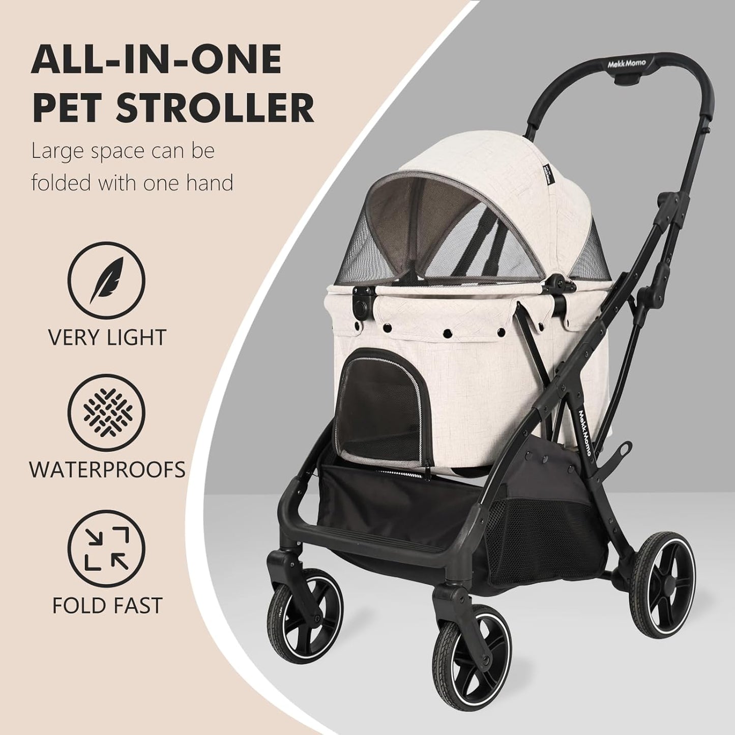 Pet Stroller for Medium Dogs Cats Up to 45 lbs, Waterproof Sunproof, One-Hand Foldable Dog Stroller Cart, Strollers for Dogs and Cat, Beige