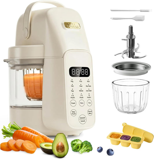 SosekiBaby FM01 Baby Food Maker, 316L Stainless Steel Blades | Puree Steamer Blender Processor With 10oz Glass Bowl | One-Step Food Mill with Recipe, 12H Keep Warm, Auto Clean, Reheat | BPA-Free