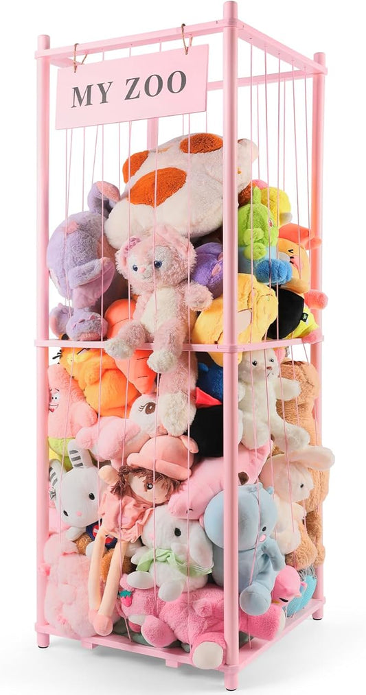 GLDZI Stuffed Animal Storage Zoo, Wooden Stuffed Animal Organizer with Elastic Cords for Boys Girls, Space Saving Toy Plushies Storage Holder for Playroom, Bedroom, Living Room (Pink, Large)