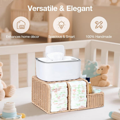 Diaper Caddy Organizer, Hand Rattan Nursery Storage Basket for Baby Essentials, Baby Changing Table Organizer Perfect Nursery Assistant (Natural Light Woven - Style 1, M)