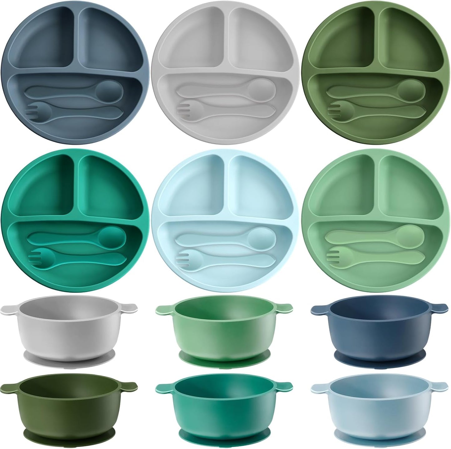 Dandat 24 Pcs Silicone Baby Feeding Set,6 Baby Toddler Suction Bowls 6 Divided Suction Plates with 6 Forks 6 Spoons, Utensils Set for Weaning Infant Feeding and Eating, 6 Styles (Elegant Color)