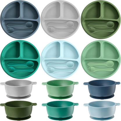 Dandat 24 Pcs Silicone Baby Feeding Set,6 Baby Toddler Suction Bowls 6 Divided Suction Plates with 6 Forks 6 Spoons, Utensils Set for Weaning Infant Feeding and Eating, 6 Styles (Elegant Color)
