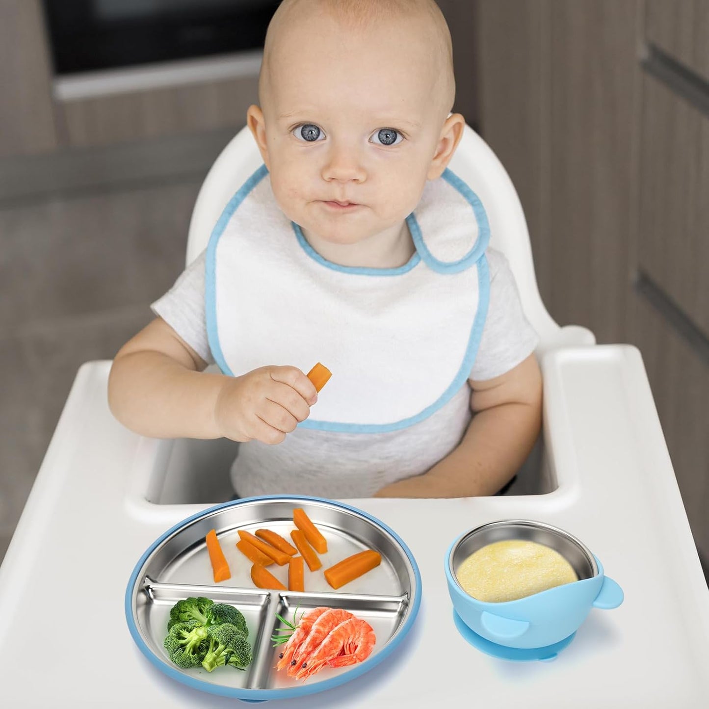 MISSLILI Stainless Steel Baby Plate and Bowls with Suction, Divided Kids Baby Plate and Toddler Bowl with Removable Silicone Suction, Non-Slip Baby Feeding Set Dishwasher Safe，4 Packs