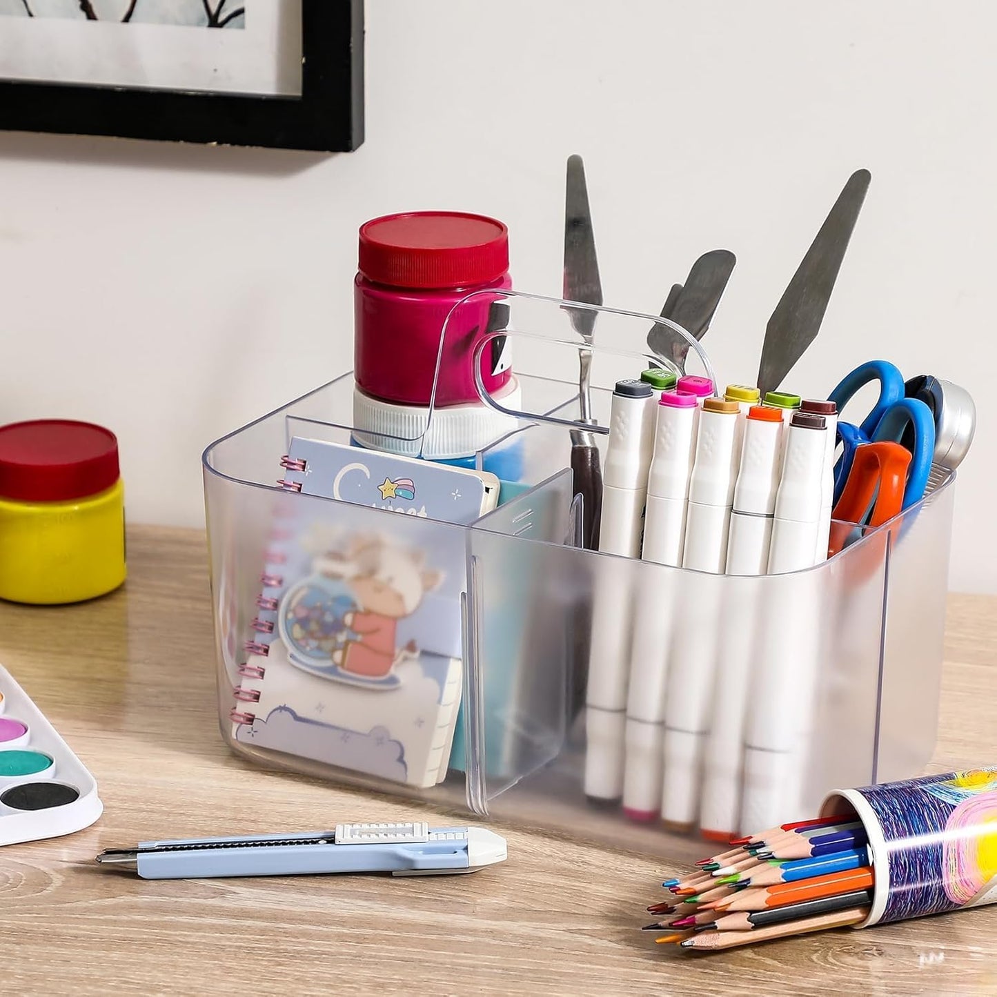 Multiuse Caddy Organizer with Handle, Portable Divided Plastic Tote Bin - Art Craft, Stationary Pen Marker Crayons, Makeup Hair Supplies Storage - Bathroom, Classroom, Dorm, Office, Desk Holder - Pink