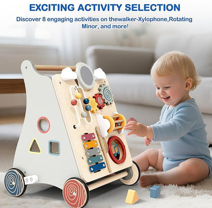 Detachable Baby Walker for Toddlers 1 Year Old Wooden Montessori Busy Board Adjustable Speed Push & Pull Walker Learning to Walk Activity Center Toy for Boys Girls 12 Months+ Baby Toys Birthday Gifts