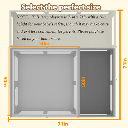 Foldable Large Baby Playpen 71"×71", Portable Playard for Babies & Toddlers, Lightweight Safety Baby Fence, No Installation, Indoor & Outdoor Playpen with 150 Ocean Balls, Beige