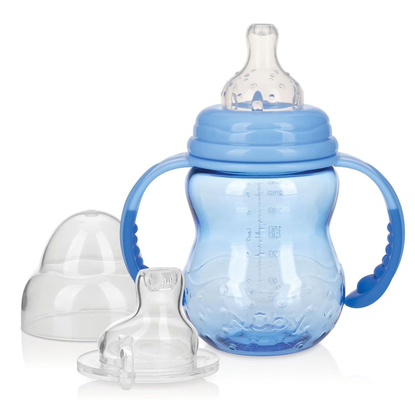 Nuby 3 in 1 Baby Bottle to Training Sippy Cup - 8 Oz Toddler Cups Spill Proof with Soft Spout, Nipple & Removable Grip Handles - Dishwasher Safe - Blue