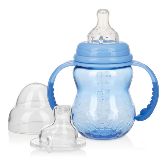 Nuby 3 in 1 Baby Bottle to Training Sippy Cup - 8 Oz Toddler Cups Spill Proof with Soft Spout, Nipple & Removable Grip Handles - Dishwasher Safe - Blue