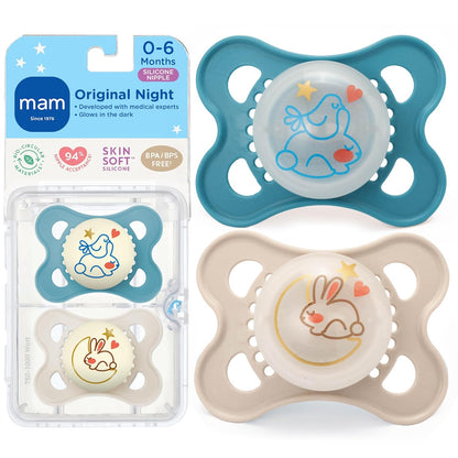 MAM Original Baby Pacifiers 0-6 Months, Binky for Newborn Babies, BPA-Free Skin Soft Silicone Nipple, Glows in The Dark, Developed with Medical Experts, 4 Pack, Made in Europe