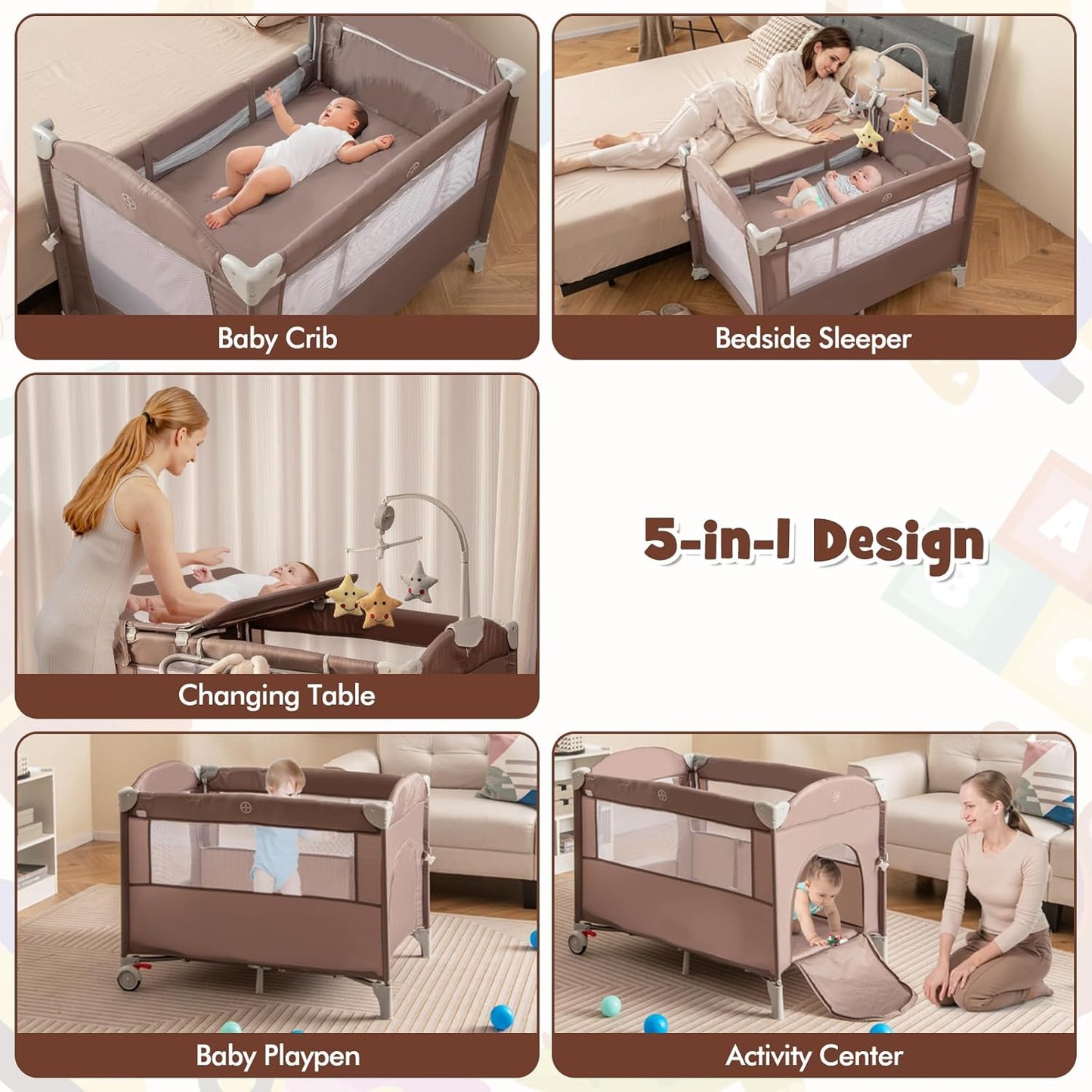 HONEY JOY Pack and Play with Bassinet, 5-in-1 Baby Bedside Sleeper w/Diaper Changing Table & Storage Bag, Toy Arch & Music Box, Detachable Side Rail, Portable Baby Play Yard w/Carry Bag(Gray)