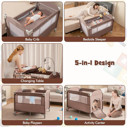 HONEY JOY Pack and Play with Bassinet, 5-in-1 Baby Bedside Sleeper w/Diaper Changing Table & Storage Bag, Toy Arch & Music Box, Detachable Side Rail, Portable Baby Play Yard w/Carry Bag(Gray)