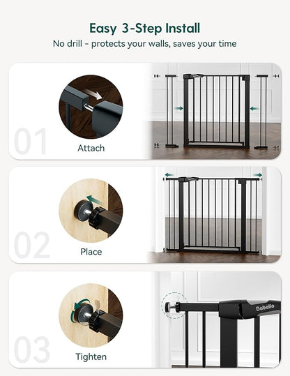 Babelio 36" Tall Baby Gate, 29-48" Auto-Close and Pressure Mounted Baby Gate for Stairs, Doorways, Hallway, PressGuard P7, Easy Walk Thru Pet Gate, Black