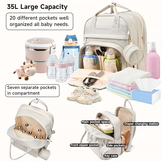 ANWTOTU Leather Baby Diaper Bags with Changing Station,Extra large Capacity Baby Diaper Bag Backpack,Waterproof Baby Essentials(White)
