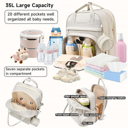 ANWTOTU Leather Baby Diaper Bags with Changing Station,Extra large Capacity Baby Diaper Bag Backpack,Waterproof Baby Essentials(White)