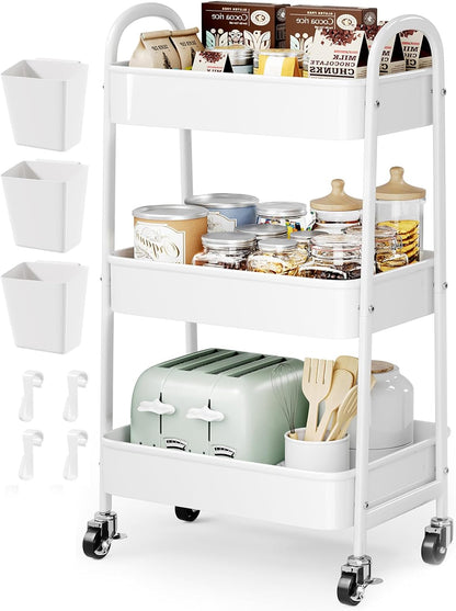 Beige 3 Tier Rolling Cart Metal on Wheels, Three Tiered Storage Organizer Utility Trolley with Wheels for Art, Craft, Baby Diaper Caddy, Snack, Book, Nail, Lash, Cleaning Supplies, Kitchen, Bathroom