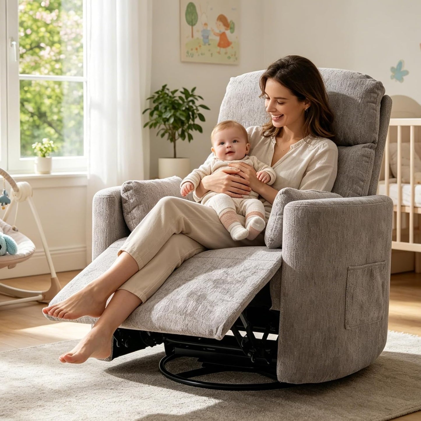 Oversized Swivel Rocker Recliner Chair with Heat and Massage, Rocking Chair with Adjustable Headrest, Manual Recliner, Glider Recliner with 2 Pillows, Chenille White