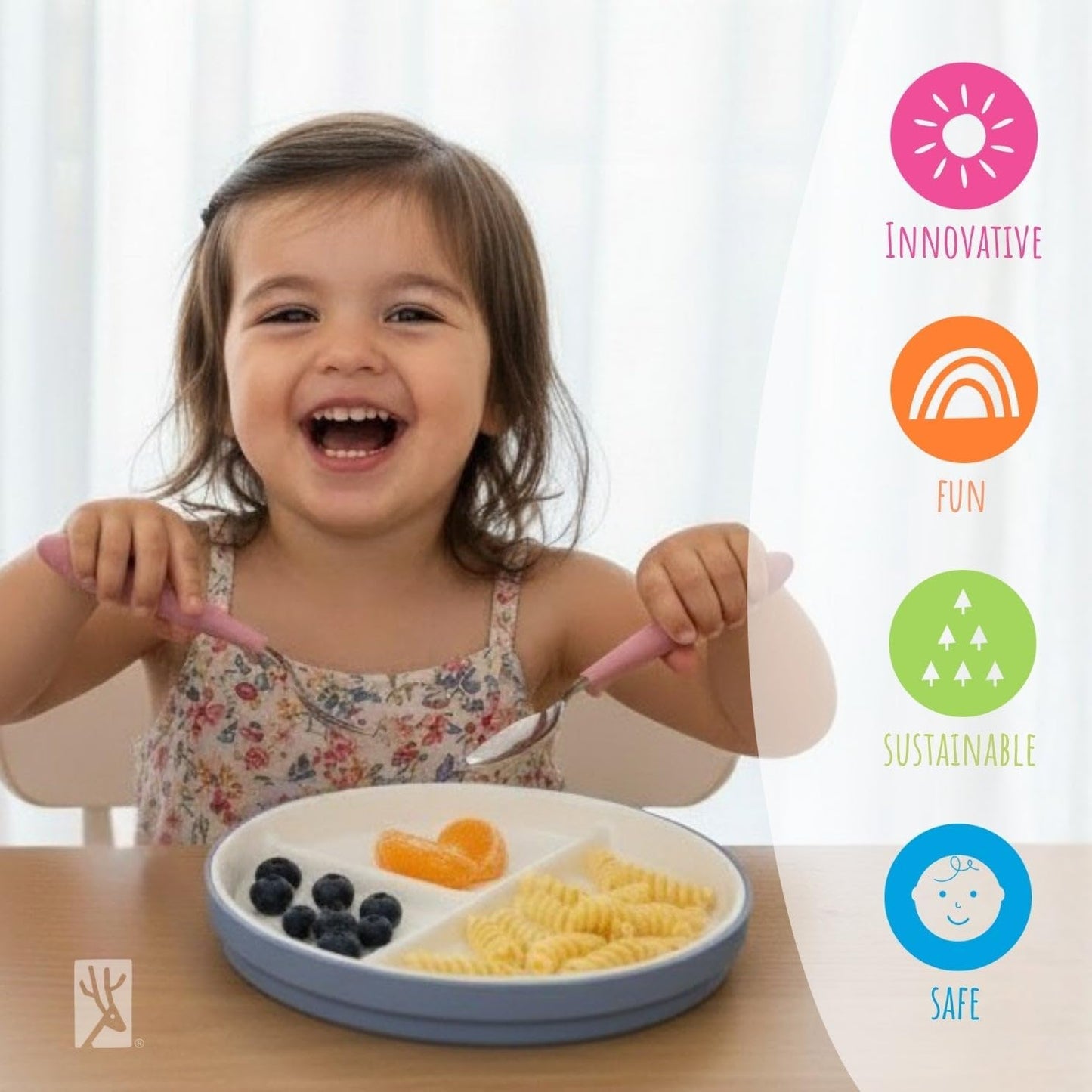 Elk and Friends Kids 7.8” Porcelain Divided Plates with Silicone Sleeves | Suitable for Babies/Kids/Toddlers | Microwave & Dishwasher Safe | Non Slip | Snack Dishes