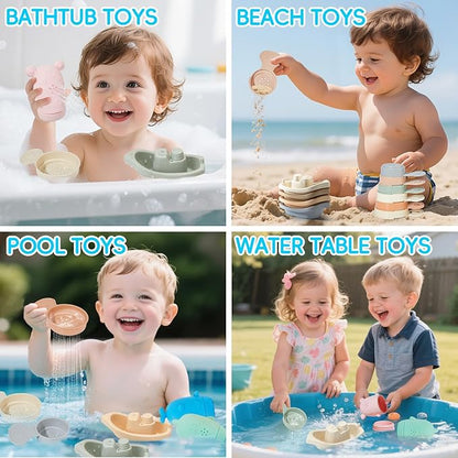 Baby Bath Toys for Kids Ages 1-3, 15PCS Mold Free Bath Toys Toddlers 2-4, Bathtub Pool Water Table Toys, Silicone Bath Toy and Floating Boats & Stacking Spoons for Babies 6-12 Months