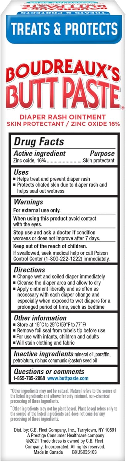 Boudreaux’s Butt Paste Zinc Oxide Diaper Rash Cream, Hypoallergenic for Sensitive Skin, 4 Oz Tube