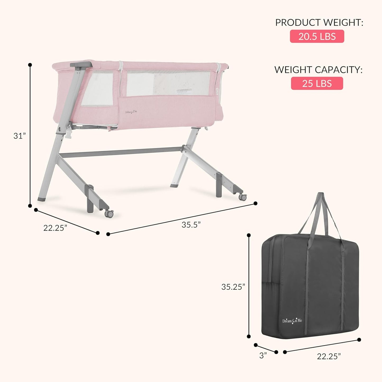 Dream On Me Skylar Bassinet and Bedside Sleeper, Adjustable Heights, Breathable Mesh Sides, Plush Mattress Pad, Wheels with Safety Locks & Tool-Free Assembly, Compact Fold & Travel Bag - Pink