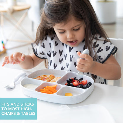 Bumkins Toddler and Baby Suction Plate, Divided Grip Dish for Babies and Kids, Baby Led Weaning, Feeding Supplies, Sticks to Tables and Highchairs, Platinum Silicone, for Chidren 6 Months, Gray