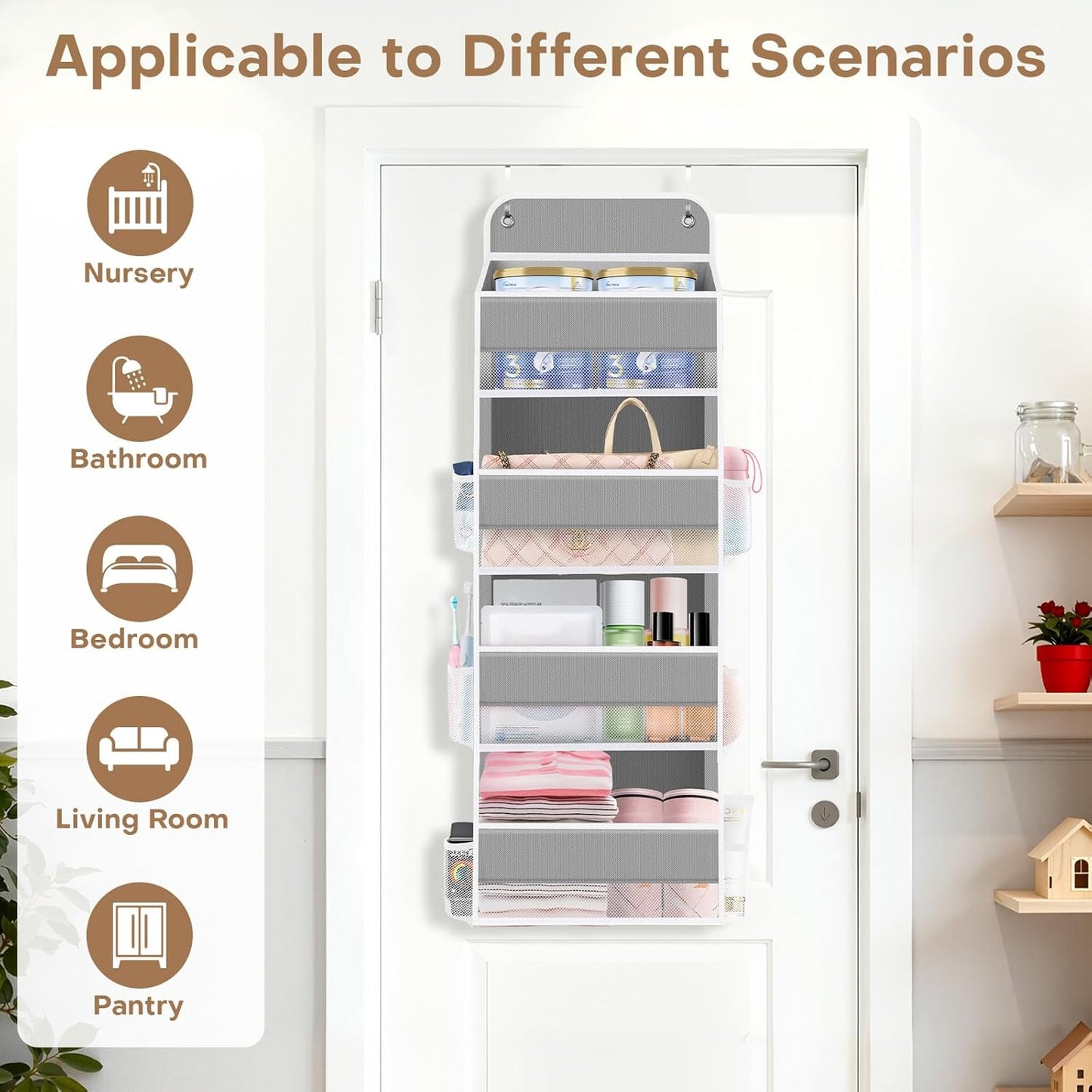 SpaceWhisper Over the Door Organizer, 4 Large Pocket Hanging Storage Organizer with 40lb Capacity, Space Saving for Nursery, Bathroom, Bedroom, Closet - Baby Essentials & Toiletry Organizer (Pink)