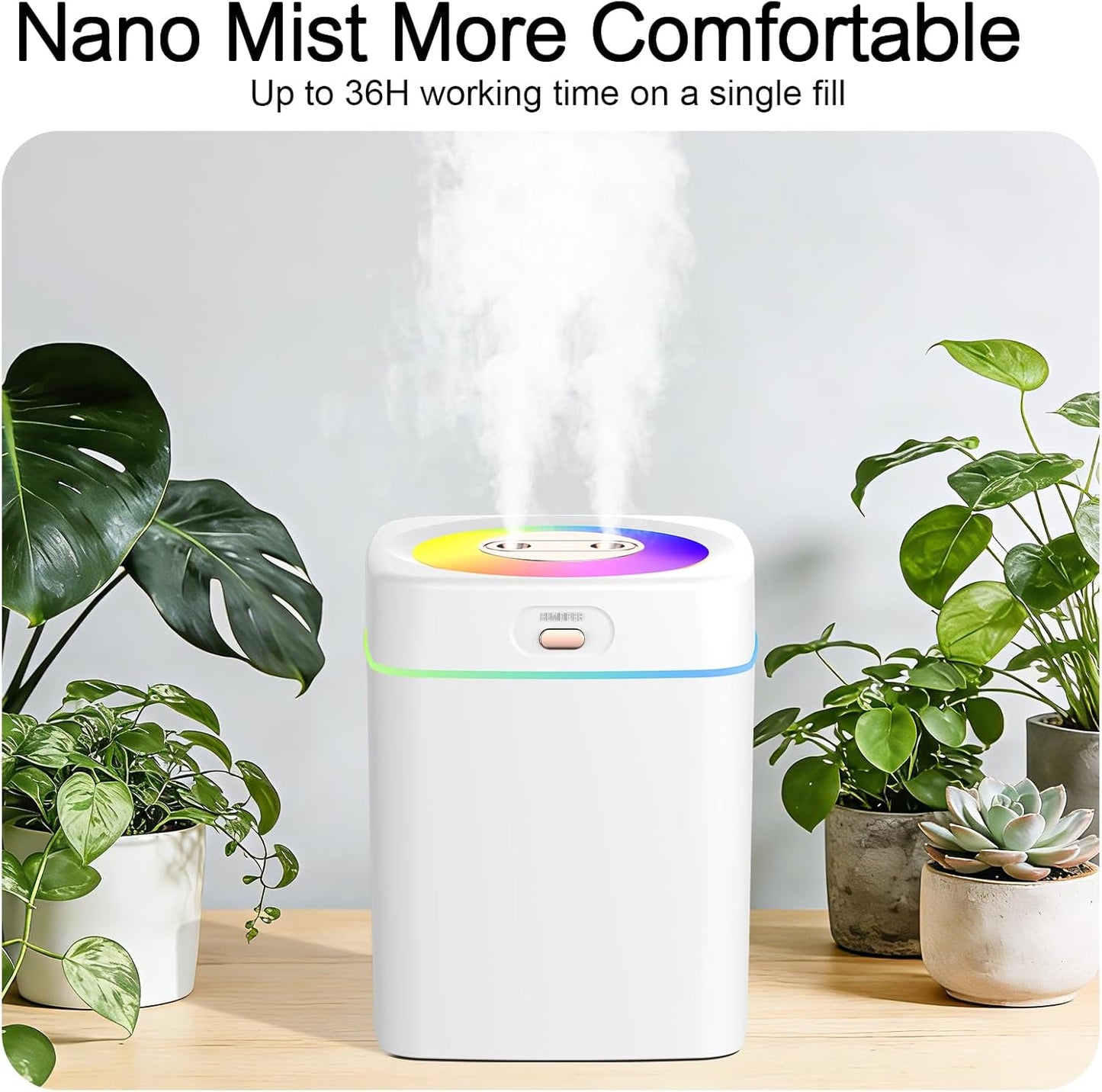 Humidifiers for Bedroom, 25dB Quiet Cool Mist Humidifier for Home, 2L Top Fill Tank for Large Room with 24H Runtime, Carry Handle, NightLight, 12H Auto Shut-off Safety for Nursery/Office/Plants